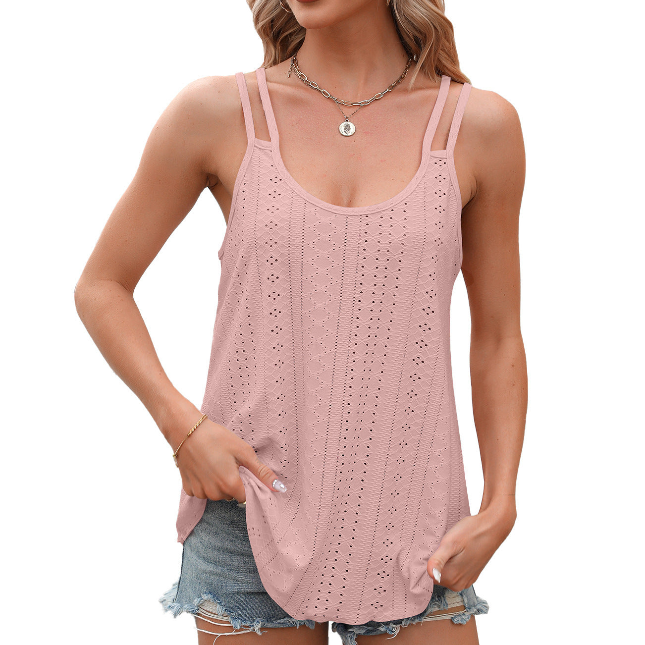 New Solid Color Jacquard Round Neck Women's Bottom And Inner Shoulder Strap Tank Top