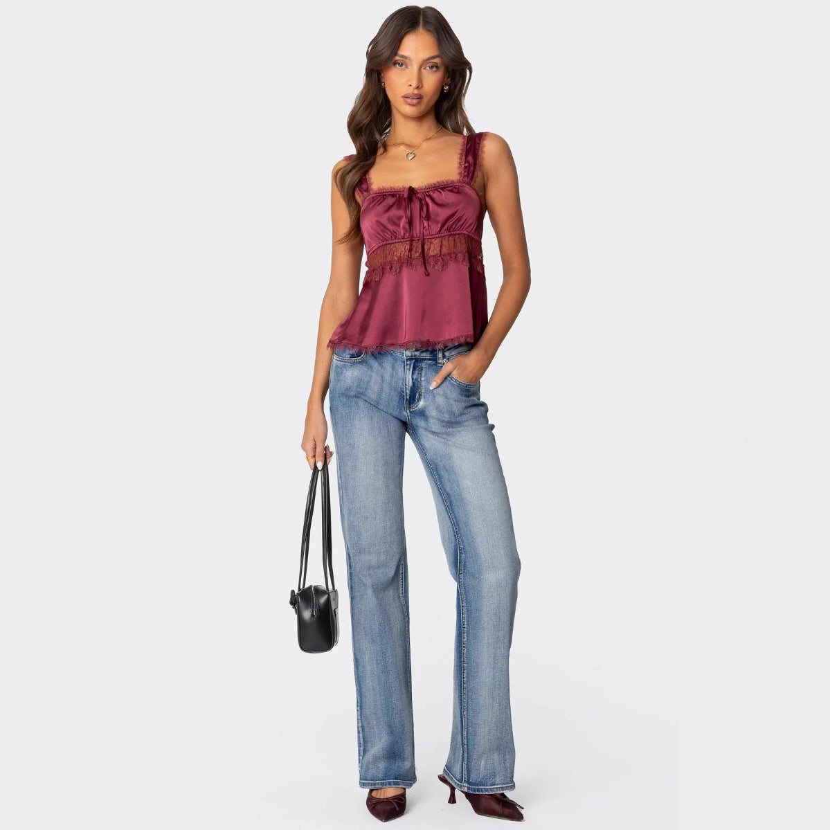 Stitching Lace Spaghetti-strap Camisole Top