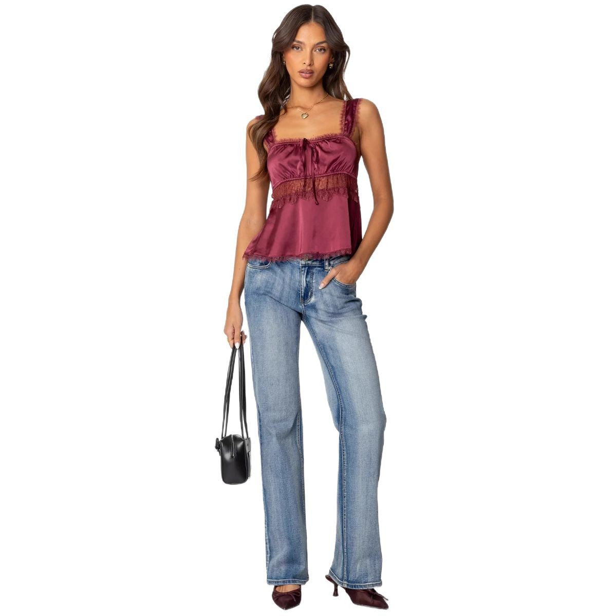 Stitching Lace Spaghetti-strap Camisole Top