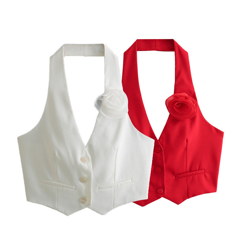 Trade Cross-border French Sexy Backless Flower Decoration Waistcoat Vest